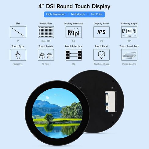 KLAYERS 4-Inch Round DSI Capacitive Touch Display, 720x720 IPS Panel, Up to 10-Point Multi-Touch,Compatible with Raspberry Pi OS in Kuwait