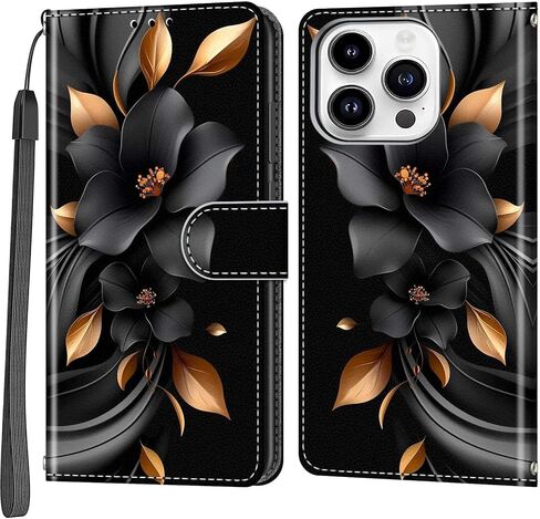Case Wallet for iPhone 14 Pro, Black Flower in Saudi Arabia