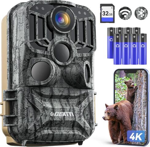 كاميرا DEATTI Trail بدقة 48 ميجابكسل بدقة 4K مع 8 بطاريات وبطاقة SD سعة 32 جيجابايت، واتصال بلوتوث واي فاي، وكاميرات تريل مع حركة رؤية ليلية نشطة مقاومة للماء للحياة البرية والغزلان في الهواء الطلق، وقت تشغيل 0.1 ثانية in Kuwait