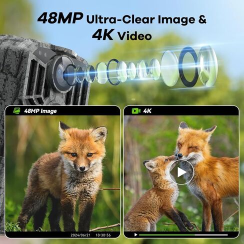 كاميرا DEATTI Trail بدقة 48 ميجابكسل بدقة 4K مع 8 بطاريات وبطاقة SD سعة 32 جيجابايت، واتصال بلوتوث واي فاي، وكاميرات تريل مع حركة رؤية ليلية نشطة مقاومة للماء للحياة البرية والغزلان في الهواء الطلق، وقت تشغيل 0.1 ثانية in Kuwait