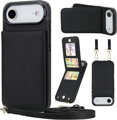 Compatible for iPhone Air Case Wallet with Crossbody Strap, 5 Card Holder [RFID Blocking], Flip Vegan Leather Protective Shockproof Slim Phone Case for iPhone Air 6.5’’ for Women Girls, Black in Saudi Arabia