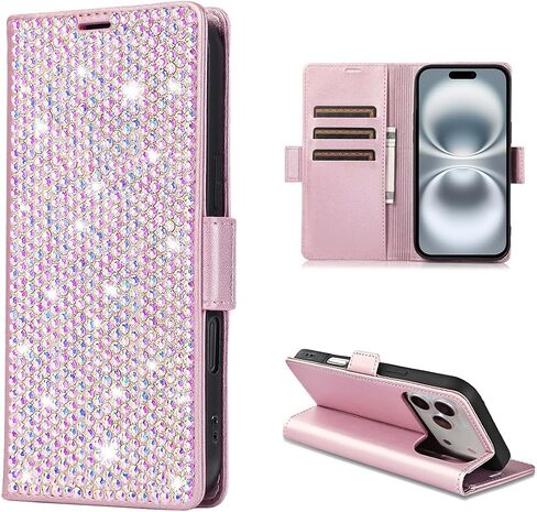 Compatible with iPhone 17 Pro 6.3" Bling Wallet Case with Credit Card Holder,Women Glitter Flip Phone Case Sparkle Rhinestone，RFID Blocking PU Leather Kickstand Shockproof Cover(Pink) in Saudi Arabia