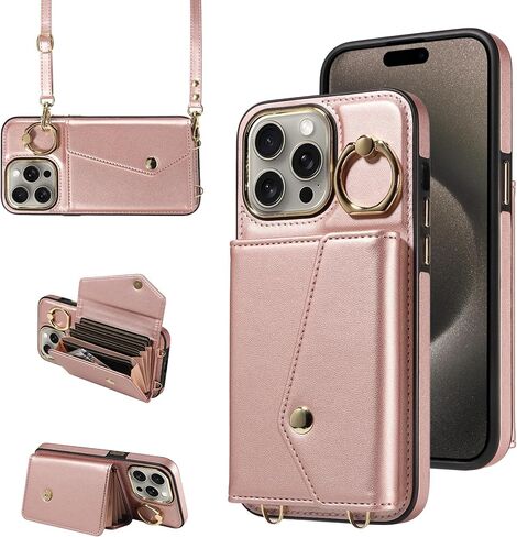 S. Tedazo Crossbody Wallet Case for iPhone 15 Plus (6.7 inch with Lanyard Strap, 366°Rotating Ring Kickstand & Card Slot Holder RFID Blocking, PU Leather Magnetic Flip Purse Cover (Brown) in Saudi Arabia