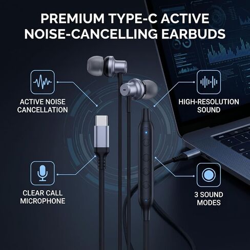 Wired Earbuds with Active Noise Cancelling, USB C Earphones in Kuwait