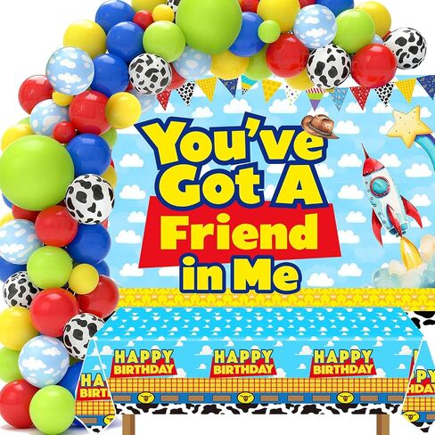 Blue Sky Cartoon Story Birthday Balloons Arch You've Got A Friend in Me Backdrop and Table Cloth for Boys 1st 2nd 3rd 4th 10th Cartoon Story Birthday Party Supplies Decorations in Saudi Arabia