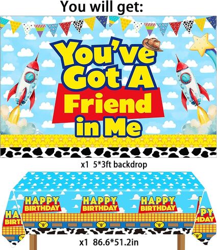 Blue Sky Cartoon Story Birthday Balloons Arch You've Got A Friend in Me Backdrop and Table Cloth for Boys 1st 2nd 3rd 4th 10th Cartoon Story Birthday Party Supplies Decorations in Saudi Arabia
