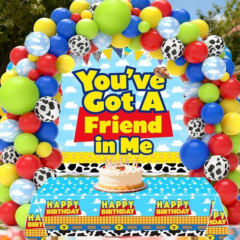 Blue Sky Cartoon Story Birthday Balloons Arch You've Got A Friend in Me Backdrop and Table Cloth for Boys 1st 2nd 3rd 4th 10th Cartoon Story Birthday Party Supplies Decorations in Saudi Arabia