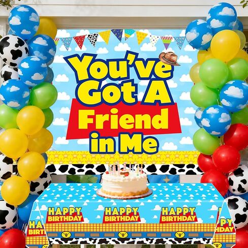 Blue Sky Cartoon Story Birthday Balloons Arch You've Got A Friend in Me Backdrop and Table Cloth for Boys 1st 2nd 3rd 4th 10th Cartoon Story Birthday Party Supplies Decorations in Saudi Arabia
