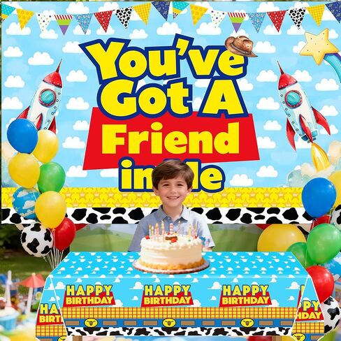 Blue Sky Cartoon Story Birthday Balloons Arch You've Got A Friend in Me Backdrop and Table Cloth for Boys 1st 2nd 3rd 4th 10th Cartoon Story Birthday Party Supplies Decorations in Saudi Arabia