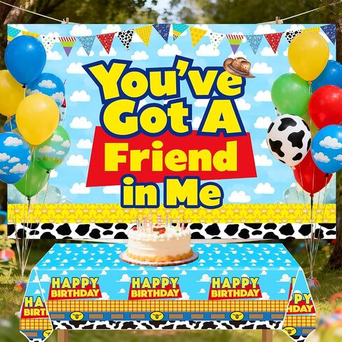 Blue Sky Cartoon Story Birthday Balloons Arch You've Got A Friend in Me Backdrop and Table Cloth for Boys 1st 2nd 3rd 4th 10th Cartoon Story Birthday Party Supplies Decorations in Saudi Arabia