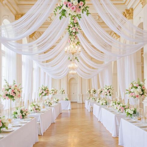 White Wedding Ceiling Drapes 6 Panels 5ft x 20ft Sheer Curtains Fabric with Hanging Pocket, White Ceiling Draping Drapery Suitable for Wedding Arch Birthday Baby Shower Reception Stage Decorations in Saudi Arabia
