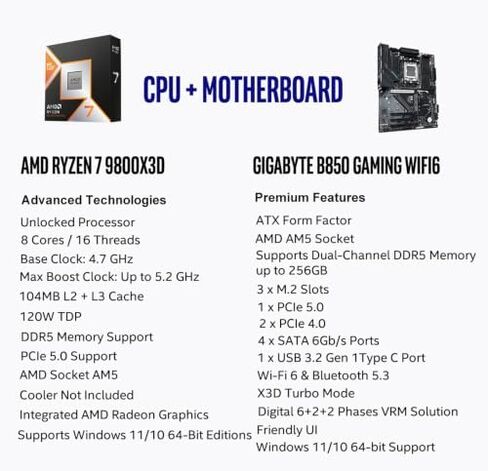 Micro Center CPU Motherboard Memory Combo: AMD Ryzen 7 9800X3D CPU Processor + Gigabyte B850 Gaming WIFI6 Motherboard + KLEVV Urbane V RGB DDR5 32GB 6000MHz CL30 Ram Memory White in Saudi Arabia