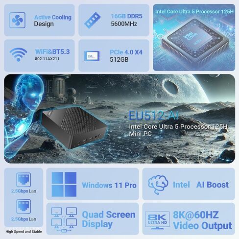 MINIX EU512-AI Mini PC Intel Core Ultra 5 125H 16GB DDR5/512GB SSD 8K Quad Output/Thunderbolt 4/Whisper-Quiet Office Design/AI Boost NPU/Dual 2.5G/Wi-Fi 6E Windows 11 Pro Home & Business Computer in Kuwait