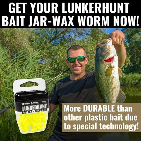 دودة الشمع LUNKERHUNT لصيد الأسماك مع رائحة الطعم الفريدة الجذابة | جرة دودة طعم سمك السلمون المرقط 30 قطعة | ديدان بلاستيكية ناعمة متينة وواقعية لصيد سمك الجير والسلمون المرقط in Kuwait