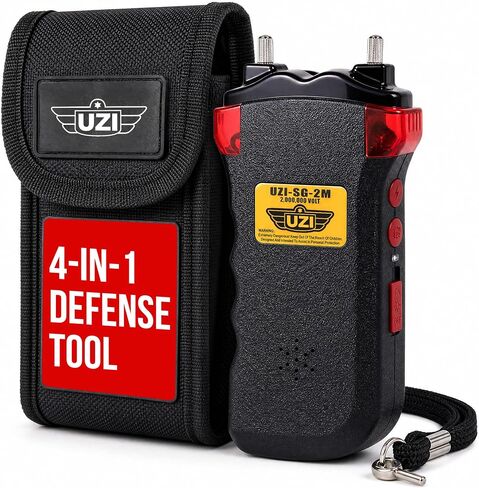 Uzi Rechargeable Stun Gun Self Defense & Protection for Men, Women, 4-in-1 Device, 2 Million Volt, with LED Light, Siren and Warning Lights, Black in Saudi Arabia