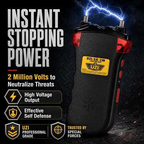 Uzi Rechargeable Stun Gun Self Defense & Protection for Men, Women, 4-in-1 Device, 2 Million Volt, with LED Light, Siren and Warning Lights, Black in Saudi Arabia