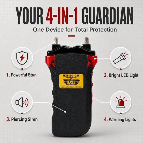 Uzi Rechargeable Stun Gun Self Defense & Protection for Men, Women, 4-in-1 Device, 2 Million Volt, with LED Light, Siren and Warning Lights, Black in Saudi Arabia
