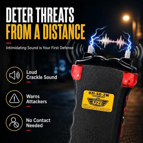 Uzi Rechargeable Stun Gun Self Defense & Protection for Men, Women, 4-in-1 Device, 2 Million Volt, with LED Light, Siren and Warning Lights, Black in Saudi Arabia