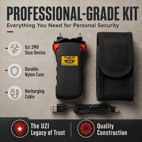Uzi Rechargeable Stun Gun Self Defense & Protection for Men, Women, 4-in-1 Device, 2 Million Volt, with LED Light, Siren and Warning Lights, Black in Saudi Arabia