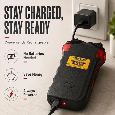 Uzi Rechargeable Stun Gun Self Defense & Protection for Men, Women, 4-in-1 Device, 2 Million Volt, with LED Light, Siren and Warning Lights, Black in Saudi Arabia