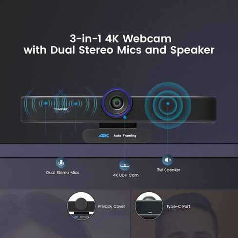 TONGVEO AI Auto-Tracking 4K Webcam with Microphones and Speaker, 5X Digital Zoom Webcam 4K Adjustable Field of View Remote Control Works with Microsoft Teams, Zoom, Google Meet, PC Mac Laptop in Saudi Arabia