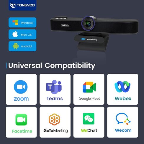 TONGVEO AI Auto-Tracking 4K Webcam with Microphones and Speaker, 5X Digital Zoom Webcam 4K Adjustable Field of View Remote Control Works with Microsoft Teams, Zoom, Google Meet, PC Mac Laptop in Saudi Arabia