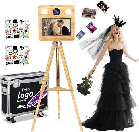 Mirror Photo Booth with Flight Case,15.6" Touch Screen DSLR Photo Mirror Booth Built-in Mini PC Tripod Wooden Retractable Stand,RBG Light,Music Sync,Instant Print for Event Rental Wedding Party in Saudi Arabia
