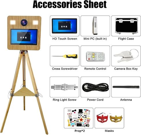 Mirror Photo Booth with Flight Case,15.6" Touch Screen DSLR Photo Mirror Booth Built-in Mini PC Tripod Wooden Retractable Stand,RBG Light,Music Sync,Instant Print for Event Rental Wedding Party in Saudi Arabia