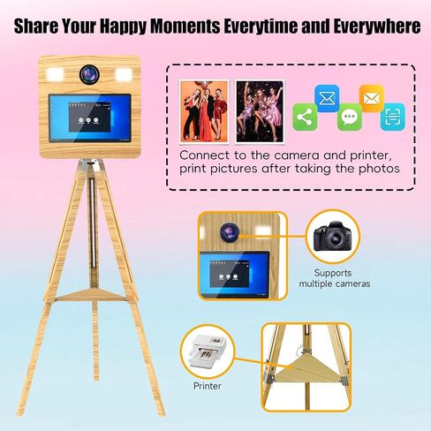 Mirror Photo Booth with Flight Case,15.6" Touch Screen DSLR Photo Mirror Booth Built-in Mini PC Tripod Wooden Retractable Stand,RBG Light,Music Sync,Instant Print for Event Rental Wedding Party in Saudi Arabia