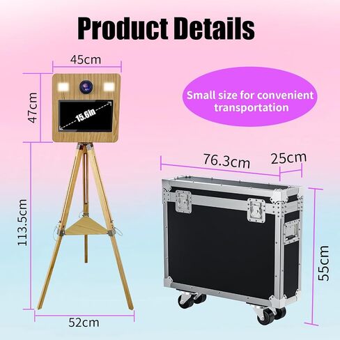 Mirror Photo Booth with Flight Case,15.6" Touch Screen DSLR Photo Mirror Booth Built-in Mini PC Tripod Wooden Retractable Stand,RBG Light,Music Sync,Instant Print for Event Rental Wedding Party in Saudi Arabia