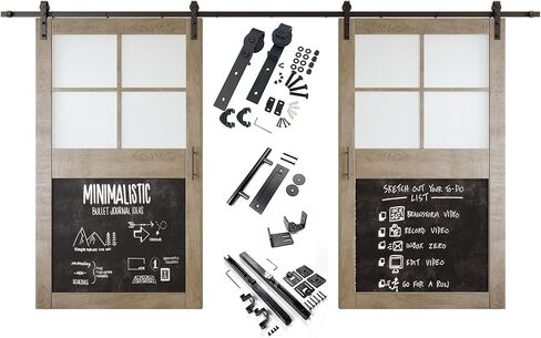 Classic Gray 30 in. x 84 in. Double Sliding Barn Doors, Half Frosted Glass Cross Design with Chalkboard, Finished, Unassembled, Includes 11 ft Non-Bypass Hardware Kit, Interior Use Only in Saudi Arabia