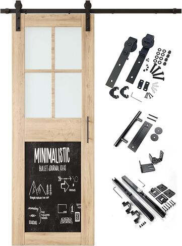 40 in. x 84 in. Half Frosted Glass Cross Design Sliding Barn Door with Chalkboard, Unfinished Solid Pine Wood, Unassembled, Non-Bypass Hardware Kit for 7 ft Track, Interior Use Only in Saudi Arabia