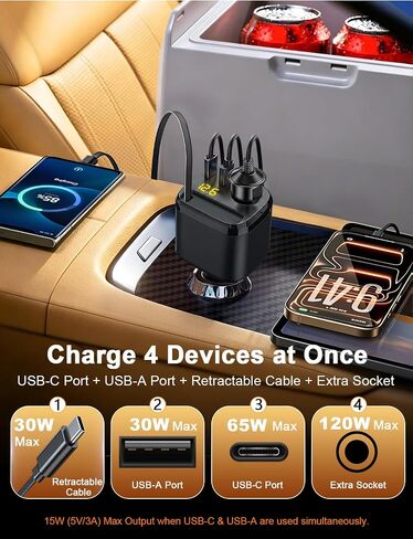 Retractable USB C Car Charger, 215W 4 in 1 Cigarette Lighter Adapter in Kuwait