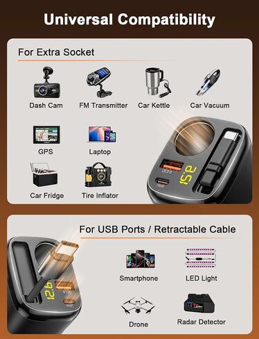 Retractable USB C Car Charger, 215W 4 in 1 Cigarette Lighter Adapter in Kuwait