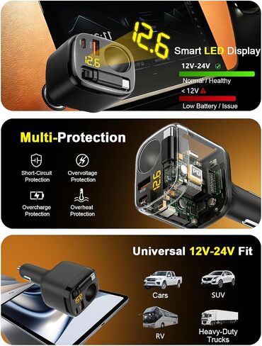 Retractable USB C Car Charger, 215W 4 in 1 Cigarette Lighter Adapter in Kuwait