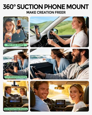 Car Phone Holder，Video Recording Universal Car Phone Mount, 360° Rotation Car Phone Mount Windshield Window Glass Vlog Shooting Car Phone Holder for iPhone Samsung All Smartphones & Cars in Saudi Arabia