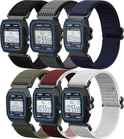 6-Pack Canvas Compatible with Casio F-84W/F-91W/F-94W/A158WH/A168W/F-105W/F-108WH/AE-1000/1200/1300/W-215,216H,217H,218/W-S200H,S300,800H Smartwatch Band, Soft Breathable Strap with Secure Closure in Saudi Arabia