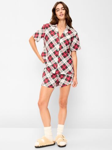 طقم بيجامة قصير من الفلانيل من Old Navy للنساء - أبيض منقوش (يتوافق مع الشهرة!) in Kuwait