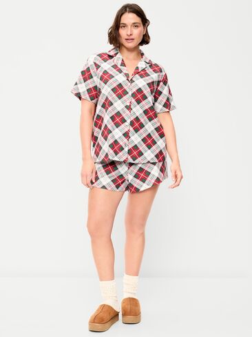 طقم بيجامة قصير من الفلانيل من Old Navy للنساء - أبيض منقوش (يتوافق مع الشهرة!) in Kuwait