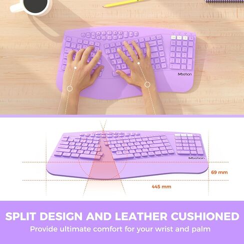MEETION Ergonomic Keyboard Wireless, Multi-Device Bluetooth Keyboard, Full-Sized Split Computer Keyboards, Wrist Rest for Natural Typing, for Windows/Mac/Laptop/Table/PC, Purple in Kuwait