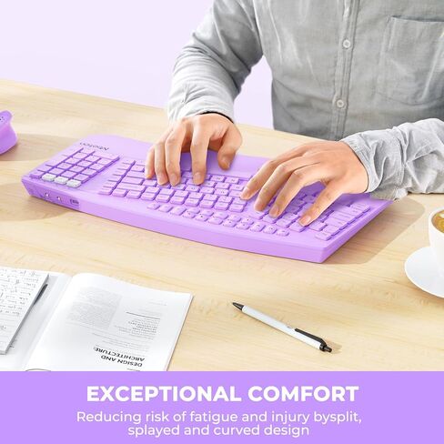 MEETION Ergonomic Keyboard Wireless, Multi-Device Bluetooth Keyboard, Full-Sized Split Computer Keyboards, Wrist Rest for Natural Typing, for Windows/Mac/Laptop/Table/PC, Purple in Kuwait