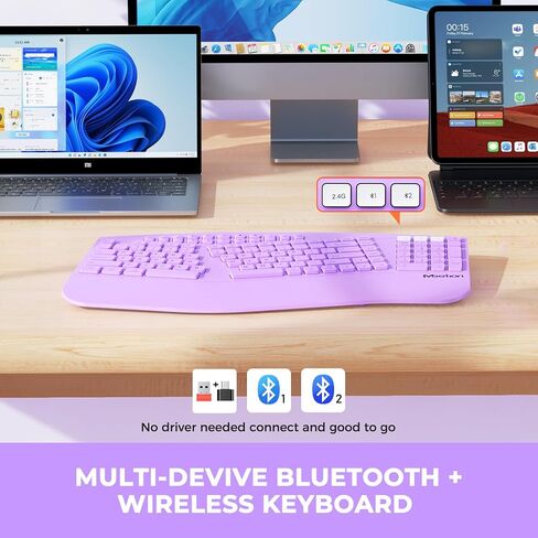 MEETION Ergonomic Keyboard Wireless, Multi-Device Bluetooth Keyboard, Full-Sized Split Computer Keyboards, Wrist Rest for Natural Typing, for Windows/Mac/Laptop/Table/PC, Purple in Kuwait