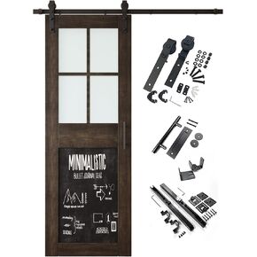 Ebony 50 in. x 84 in. Sliding Barn Door, Half Frosted Glass Cross Design with Chalkboard, Finished, Unassembled, Non-Bypass Kit for 9 ft Track, Interior Use in Saudi Arabia