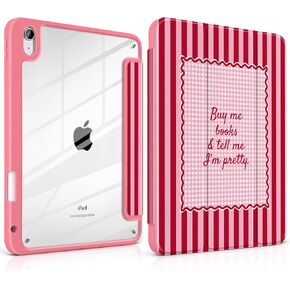 Case for iPad mini 7 A17 Pro 2024/iPad Mini 6 2021 (8.3 Inch iPad mini 7th/6th Gen)-[Pencil Holder], Shockproof Clear Hard Back, Trifold Stand,Auto Wake/Sleep, for Girl Cute, Burgundy Stripe in Saudi Arabia