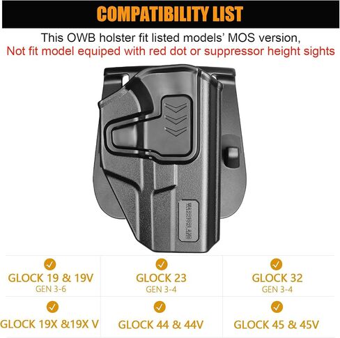WARRIORLAND Level II Index-Finger Release Holster, Compatible with Glock 19 Gen 3–6 & 23/32 Gen3–4 & 19X / 44/45 & MOS (No Red-Dot), 360° Adjustable Cant, OWB Paddle Holster Fits 1.5" /1.75" Belts in Saudi Arabia