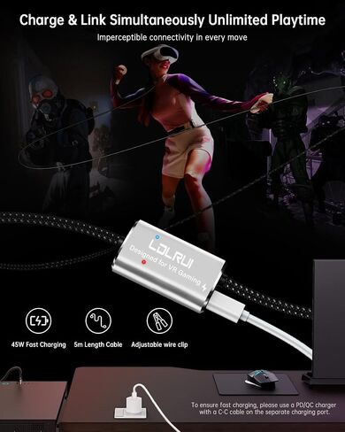 LDLrui VR Link Cable 16FT (5M), PD3.0 Fast Charging-Unlimited Playtime, USB 3.0 to USB-C 5Gbps, for Meta Quest 3/2/Pro & Pico 4, PC VR Cable with Clip, Steam VR & Oculus Compatible in Saudi Arabia