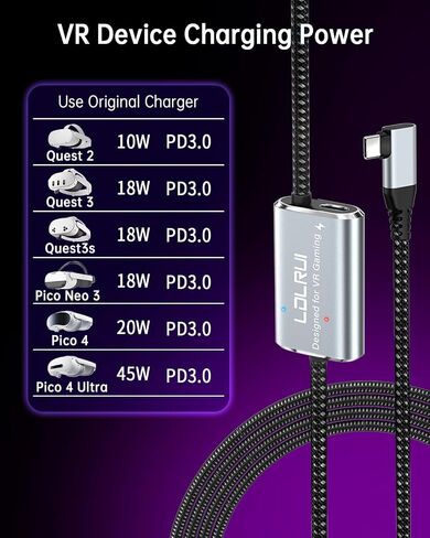 LDLrui VR Link Cable 16FT (5M), PD3.0 Fast Charging-Unlimited Playtime, USB 3.0 to USB-C 5Gbps, for Meta Quest 3/2/Pro & Pico 4, PC VR Cable with Clip, Steam VR & Oculus Compatible in Saudi Arabia