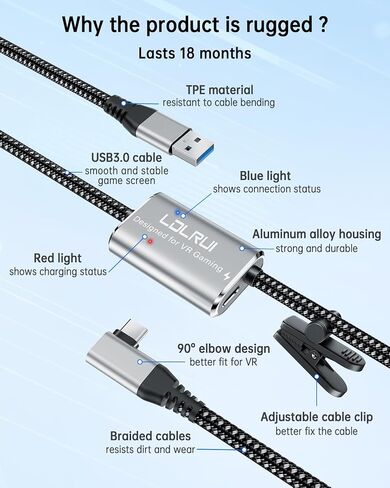 LDLrui VR Link Cable 16FT (5M), PD3.0 Fast Charging-Unlimited Playtime, USB 3.0 to USB-C 5Gbps, for Meta Quest 3/2/Pro & Pico 4, PC VR Cable with Clip, Steam VR & Oculus Compatible in Saudi Arabia