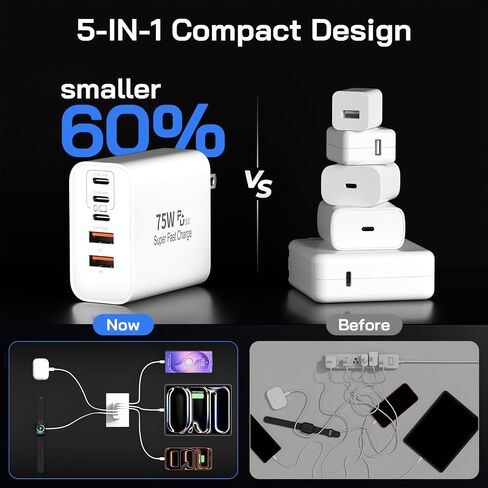 75W USB C Charger Block, 5-Port USBC Wall Charger Super Fast Charging Block in Saudi Arabia