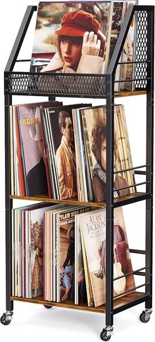 Emfogo Vinyl Record Storage Holder for 300 Albums, 3-Tier Rolling Record Shelf with Dividers and Record Display, Space-Saving Vinyl Record Stand with Wheels for Magazines, Books and CDs in Saudi Arabia